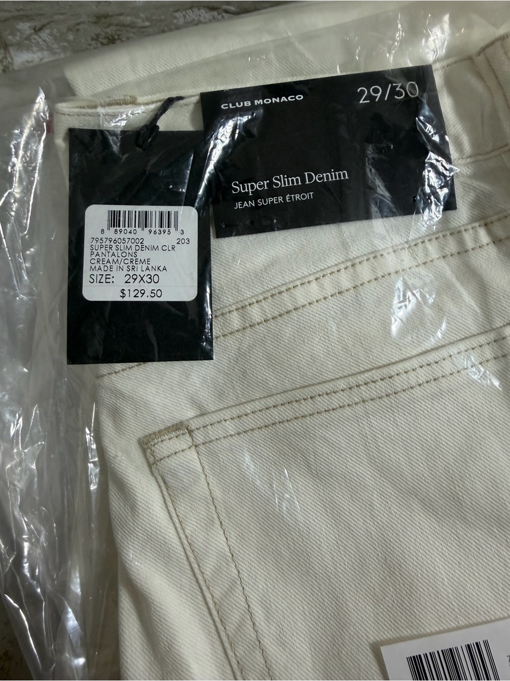 Club Monaco $129 Super Slim Denim Jeans 29x30 - Cream NWT - Picture 2 of 5